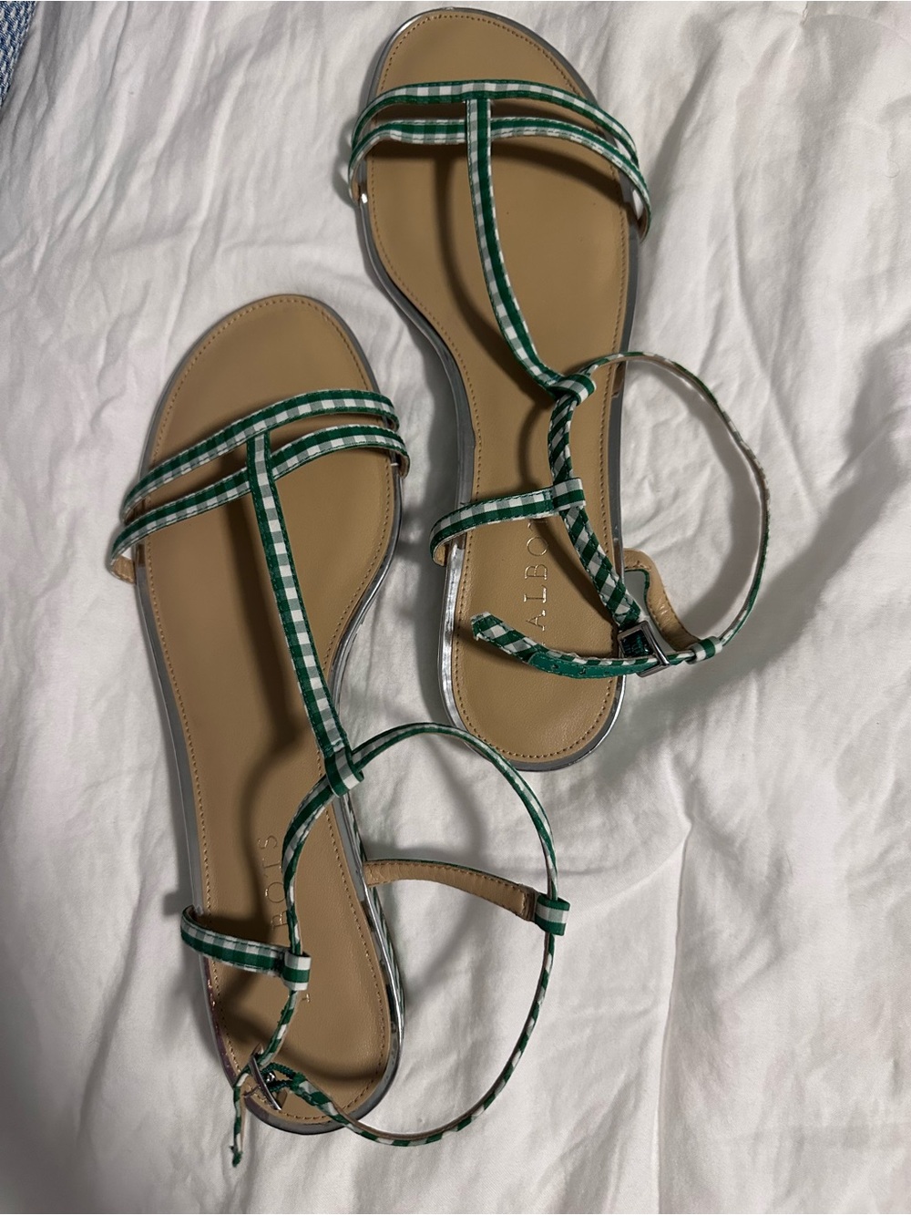 Talbots Green Gingham T-Strap Sandals Super Cute